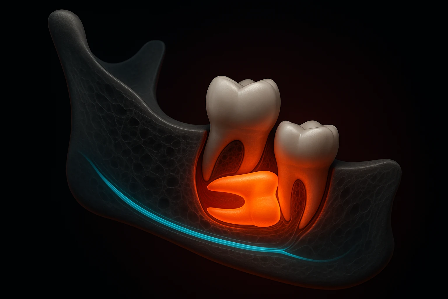 Ilustração de um dente do siso incluso na mandíbula